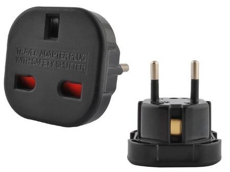 Adapter przejściówka UK na EU z zaślepkami zabezpieczającymi - idealna do podłączenia urządzeń z angielskim wtykiem do polskiego gniazdka z uziemieniem.